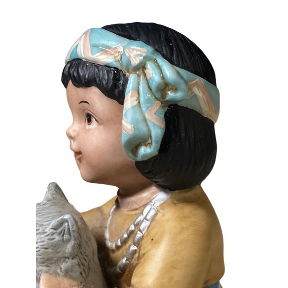 Homco Art Bisque Porcelain Native American Boy Figurine With Wolf Cub 1428 - Picture 8 of 13